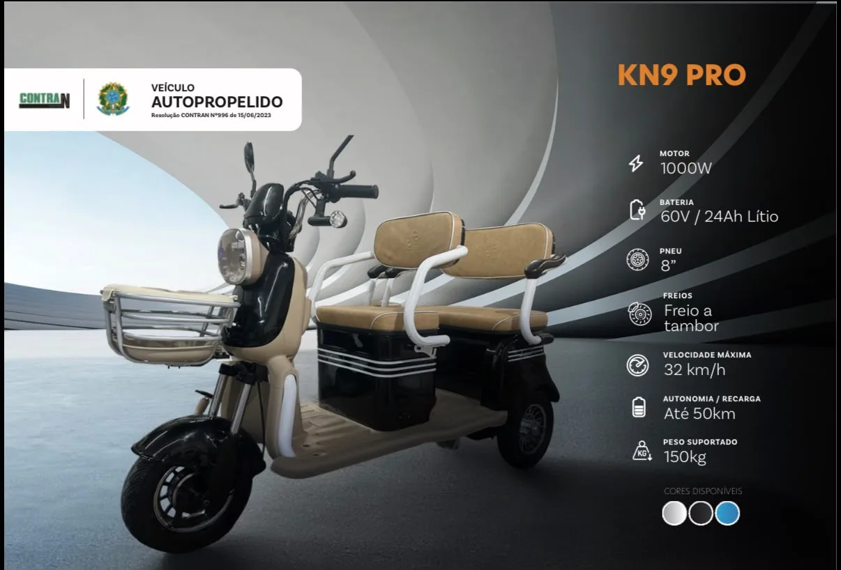 Ficha técnica KN9 PRO: motor 1000W, bateria 60V / 24Ah lítio, pneu 8
