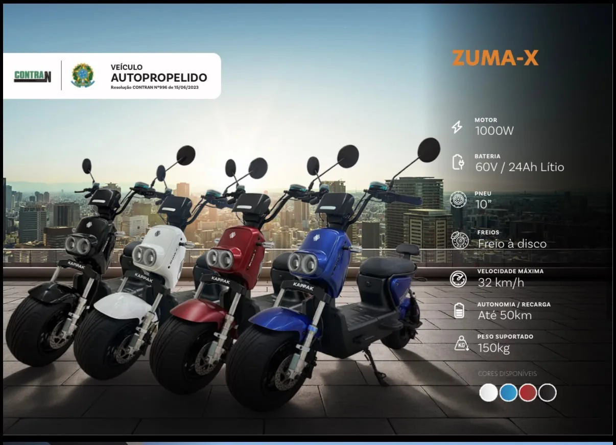 Ficha técnica ZUMA-X: motor 1000W, bateria 60V / 24Ah lítio, pneu 10